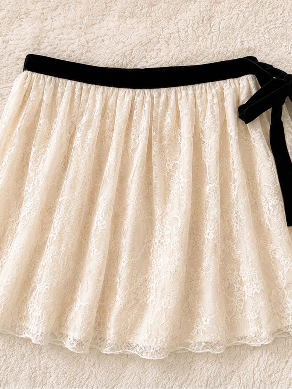 LoveShackFancy Cream Lace Circle Skirt with Black Velvet Waist